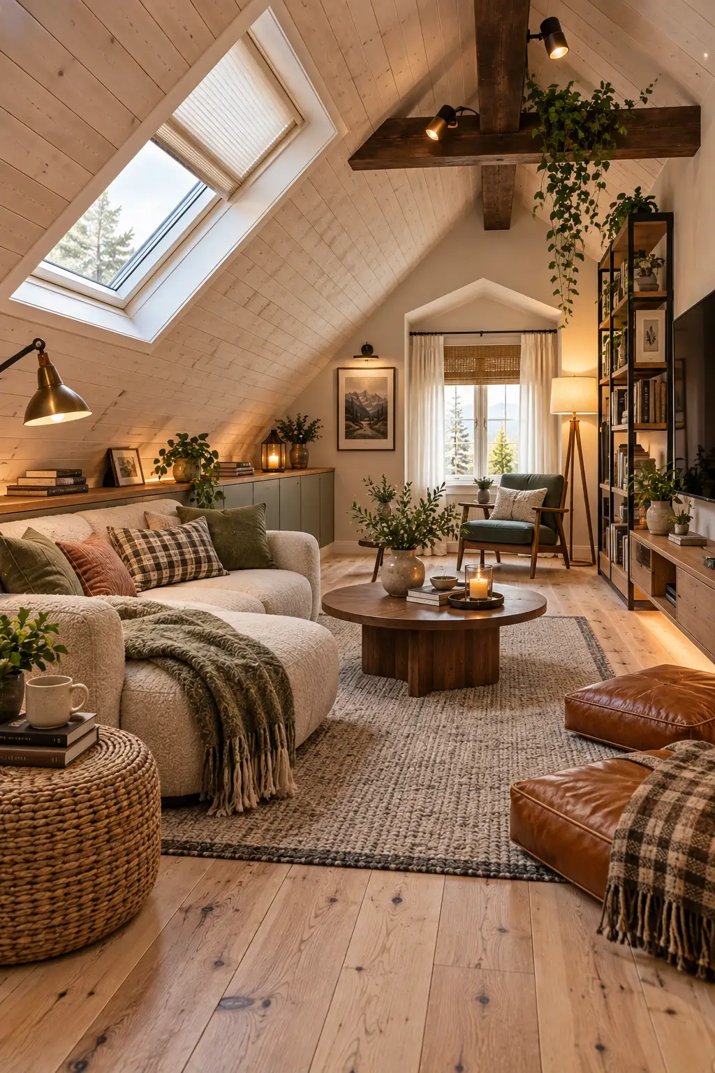 Small living room layout ideas with a slanted ceiling, skylight, cream boucle sofa and low storage cabinets
