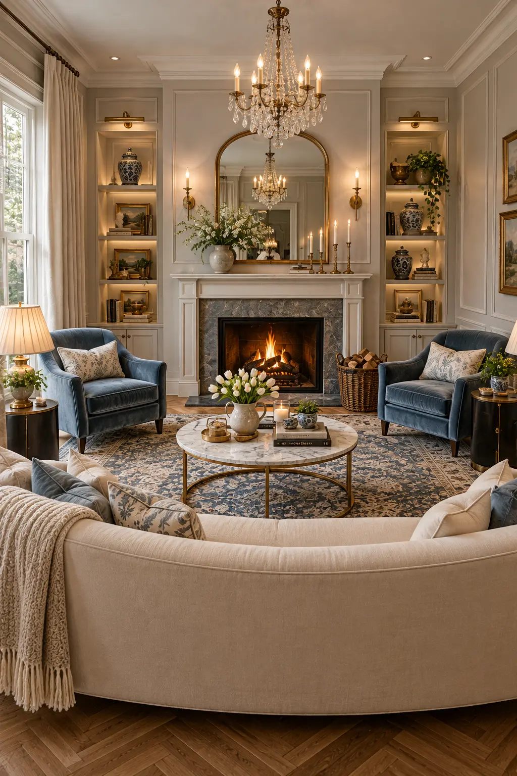 Small living room layout with a fireplace, blue velvet armchairs, curved cream sofa and a round marble coffee table