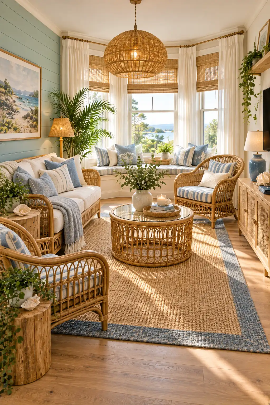 Small living room layout ideas with a bay window seat, rattan chairs, round coffee table and jute rug