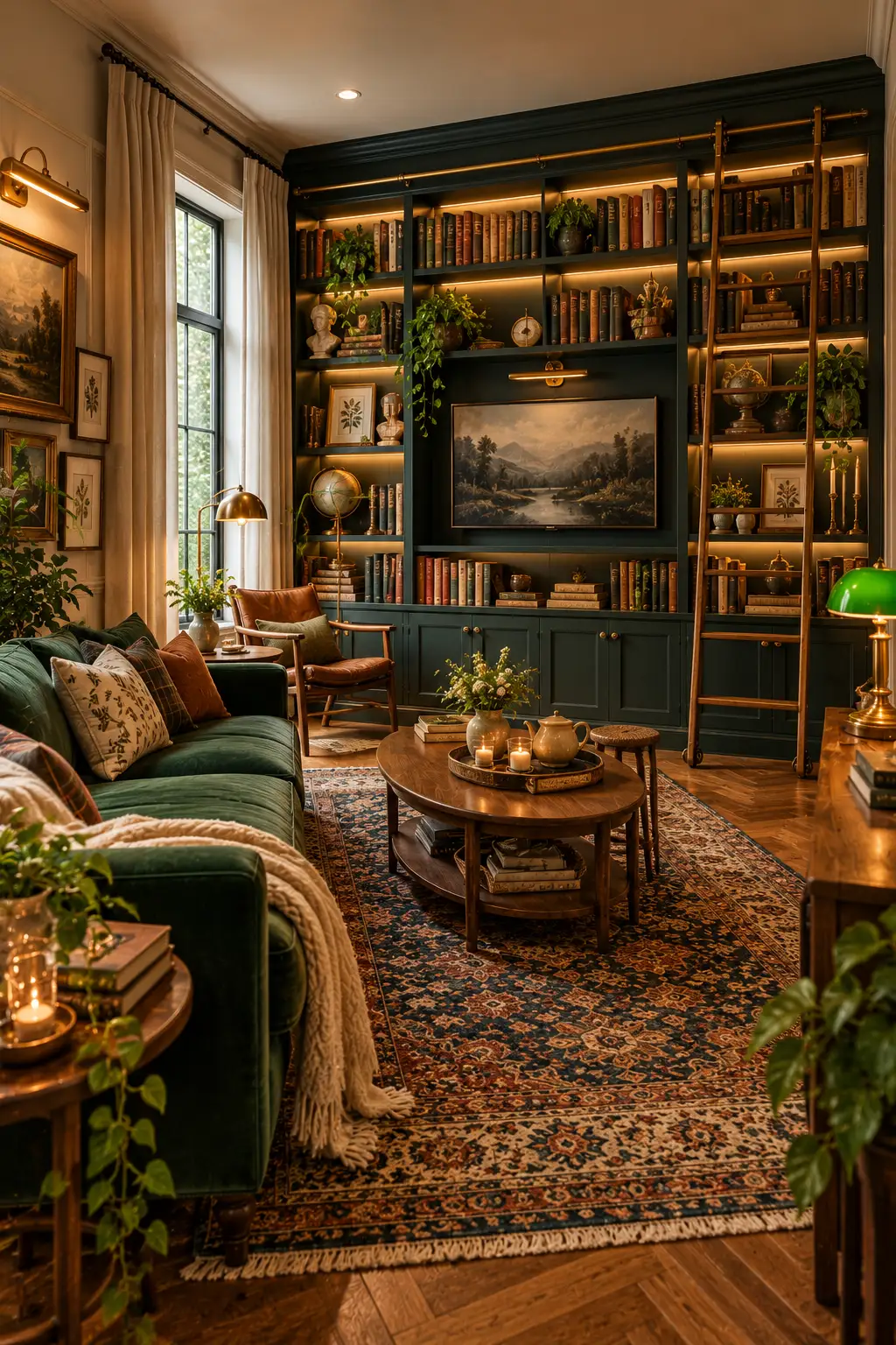 Small living room layout with deep green built in bookshelves, velvet sofa, wood coffee table and a rolling ladder