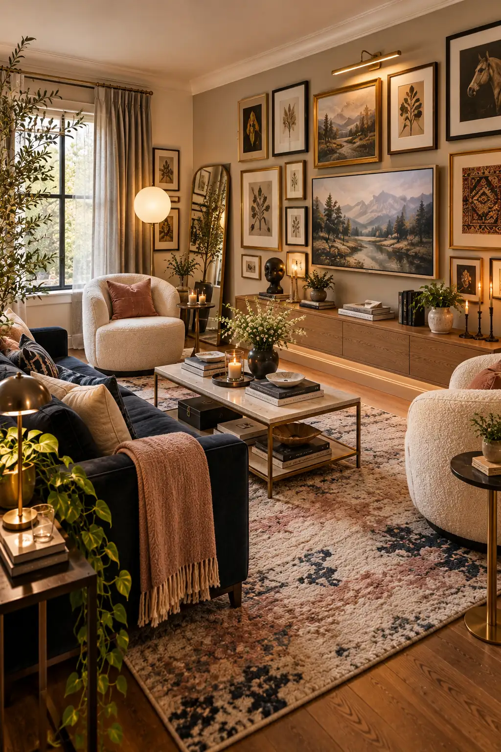 Small living room layout ideas with a gallery wall, navy velvet sofa, boucle chairs and marble coffee table