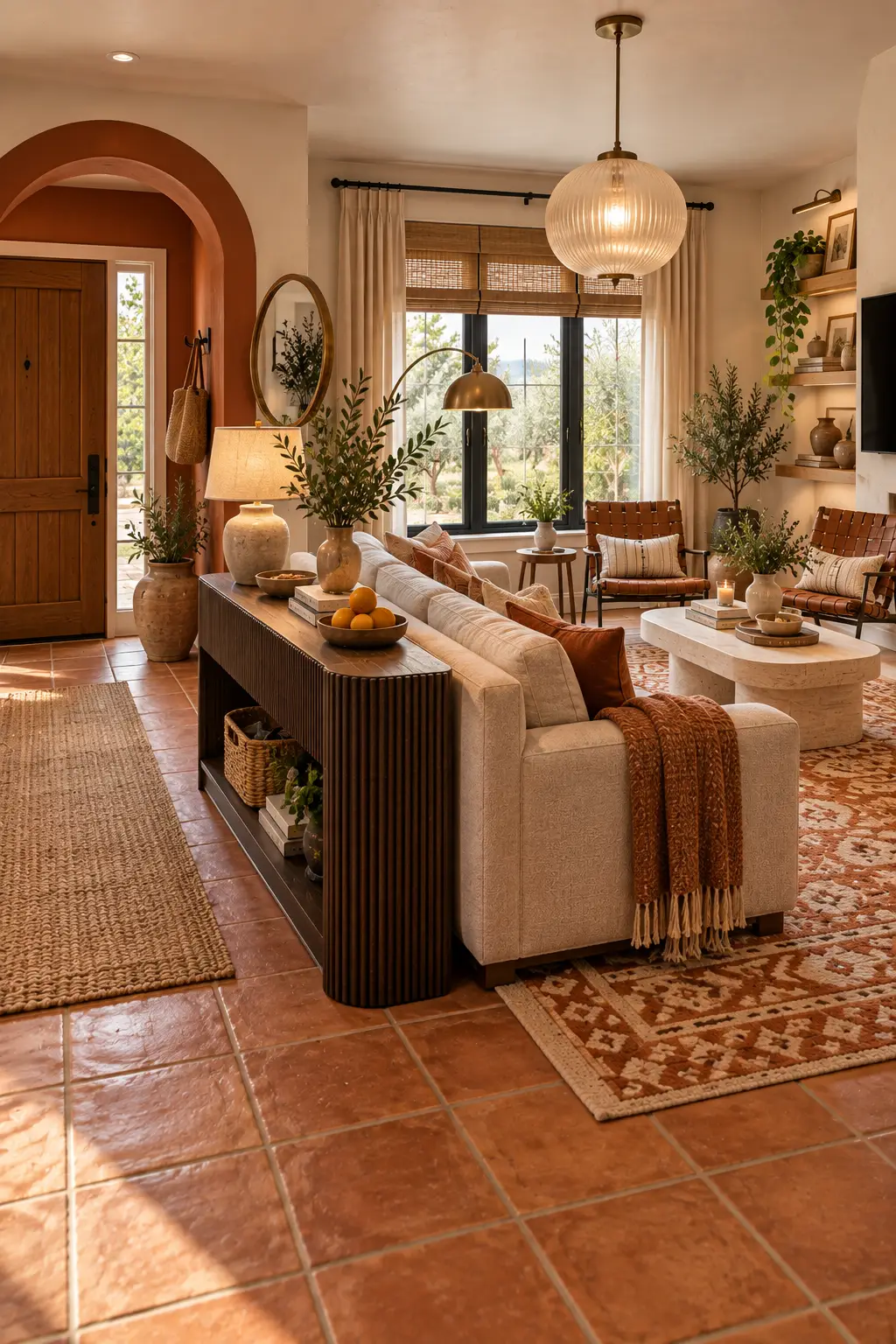 Small living room layout ideas with two rugs that zone the entry and lounge, plus a fluted console
