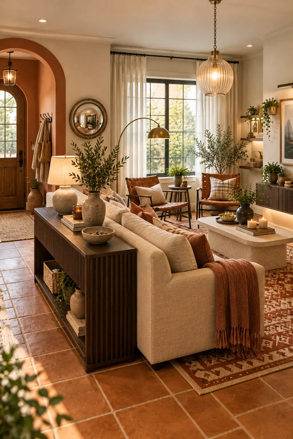 Small living room layout ideas using a wood console behind the sofa to divide the entry and lounge
