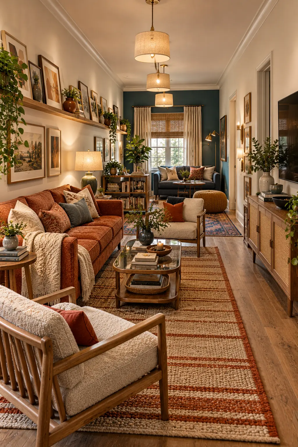 Narrow small living room layout with zoned seating, a rust sofa, striped jute rug and a long picture ledge