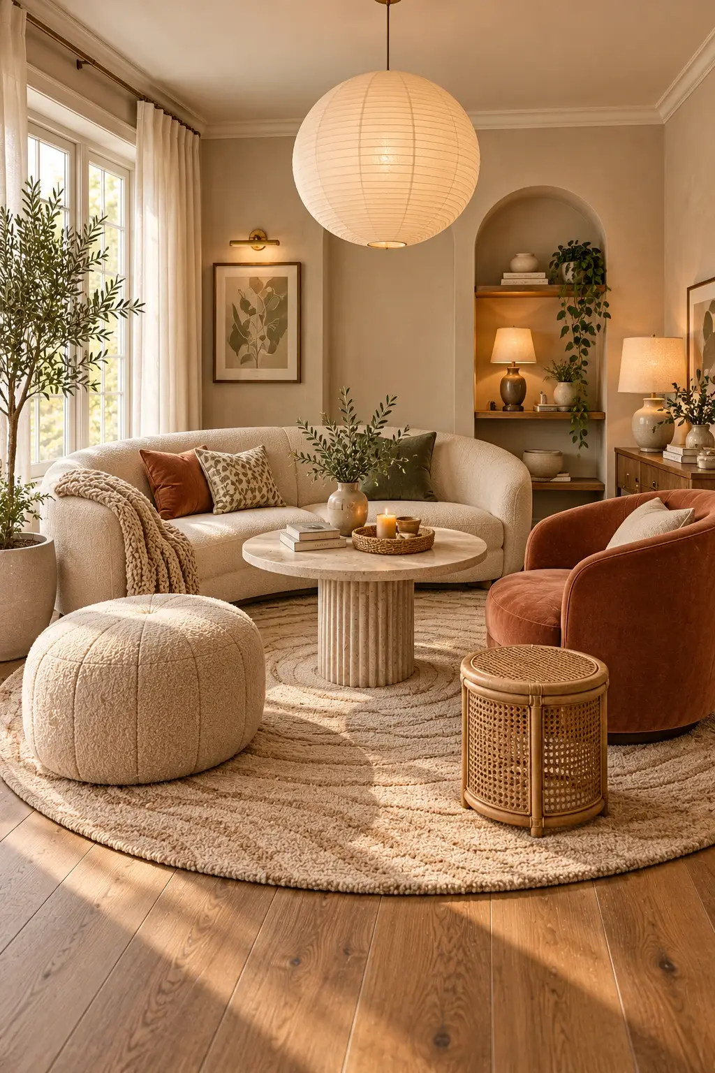 Small living room layout with a curved cream sofa, round travertine coffee table, boucle pouf and rust velvet armchair (